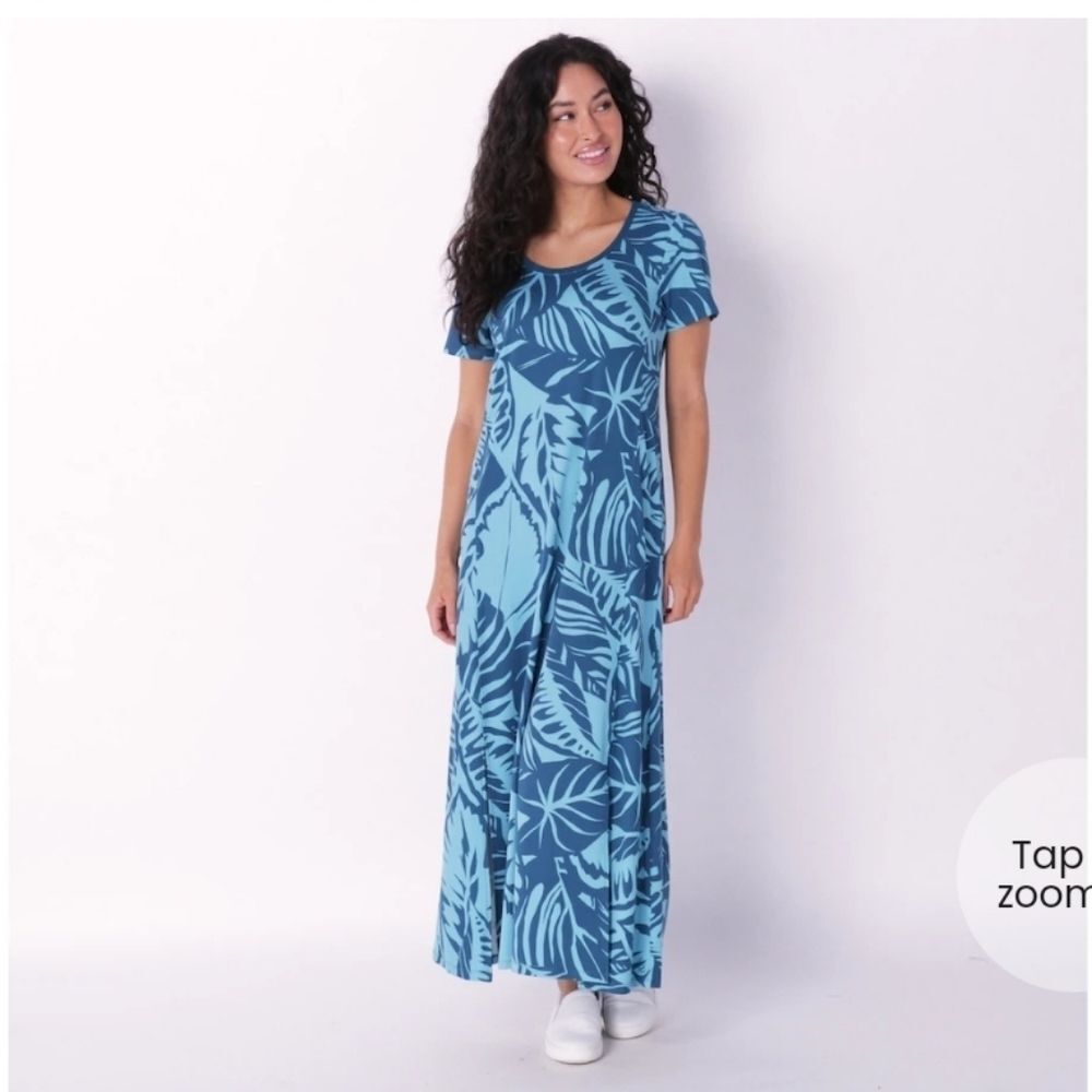 Cuddl Duds Flexwear Short Sleeve Maxi Dress Teal Leaves Size PXL